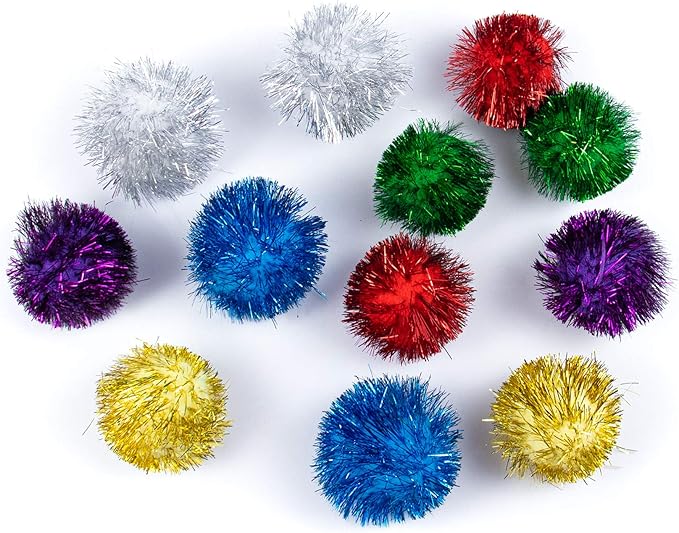 AUEAR, 12 Pack 2 Inch Sparkle Ball Shiny Glitter Tinsel Pom Poms Interactive Cat Balls for Kittens (6 Colors)