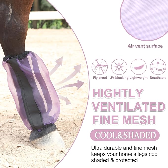Horse Fly Boots Set of 4, Ultra Lightweight Breathable Mesh Leg Wraps, Non-Slip Fit, Reduce Stomping, Universal Size, Ideal for Summer Violet