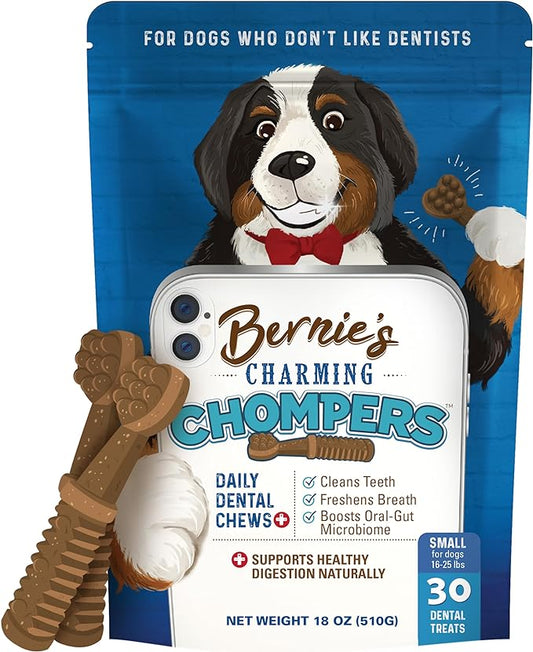 Bernie's Charming Chompers - Daily Dental Chews for Dogs 15-25 Lbs. - 30 Count - Cleans Teeth, Freshens Breath, + Boosts Oral-Gut Microbiome. Easy to Digest, Supports Healthy Digestion Naturally