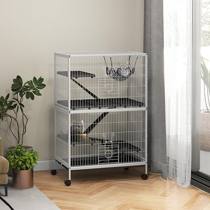 PawHut Metal Small Animal Cage, 5-Tiers Rolling Big Ferret Cage with Hammock, Removable Tray, for Chinchilla, Sugar Glider, White