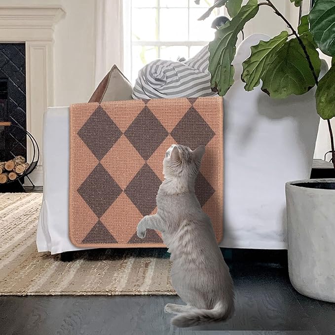 SCRATCHABLE Sisal Cat Scratcher, [+ Catnip Fish Toy], Cat Wall Scratcher, Couch Protector from Cat Scratching, 24 X 15.8 with 12 Adhesive Velcro Stripes. (Brown Diamonds)