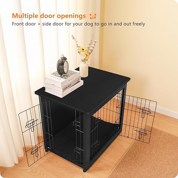 DWANTON Dog Crate Furniture with Cushion, Wooden Kennel Table with Double Doors, Indoor Dog House, Small/Medium/Large Size, 27.2" L, Black