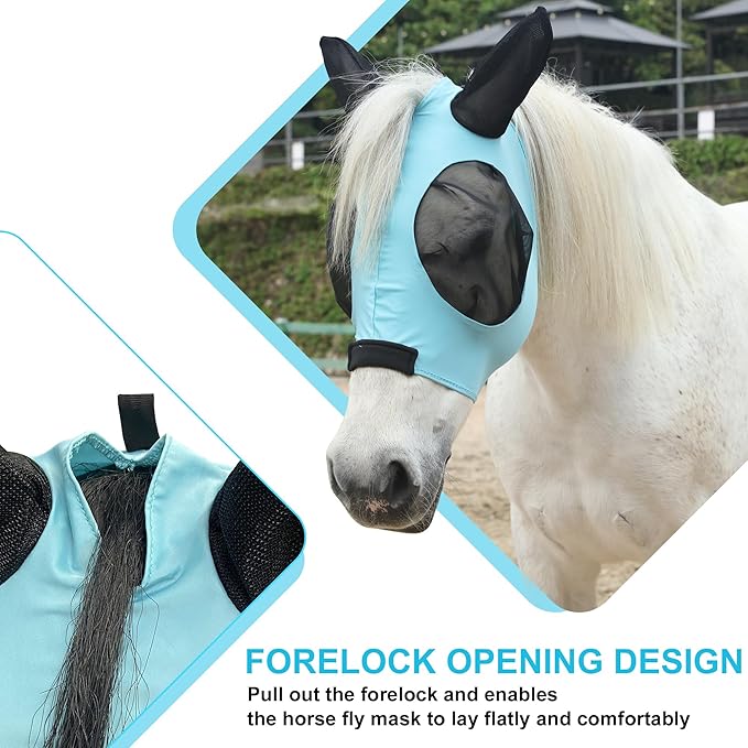 Stretchy Horse Fly Mask for Horses, Soft Lycra Equine Mesh Mask, Elasticity Horse Face Covering, Breathable&UV Protection, Pacific Blue, Cob