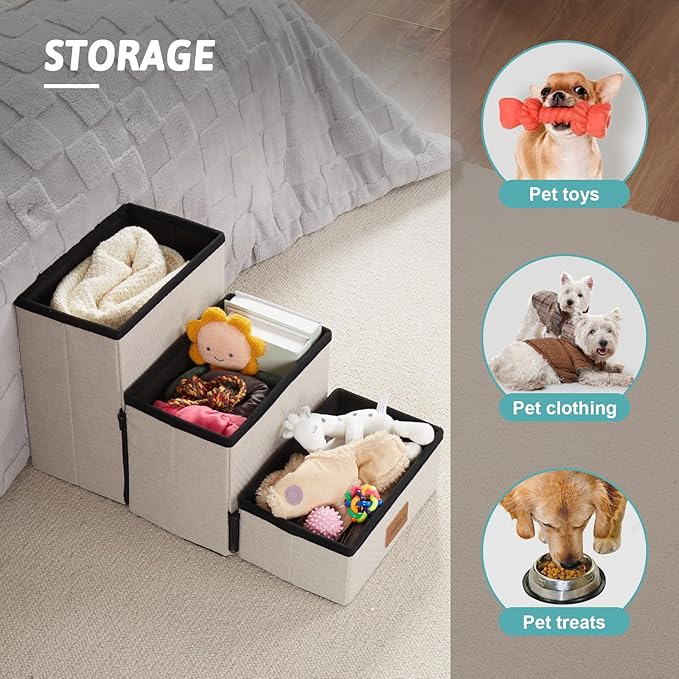 Dog Stair for Small Dogs with Storage, Foldable Pet Step with Soft Cover, Older Cat Ramp for Chair Couch Sofa, Lightweight, Durable, Comfort, 24.8x13x13.6 inch, 3 Tiers, Grey