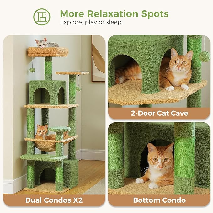 PAWZ Road Cat Tree, 53.5 Inches Tall Cat Tower with Spacious Hammocks, Condos and Scratching Posts, Cat House with Dual Padded Perches for Indoor Large Cats-Green