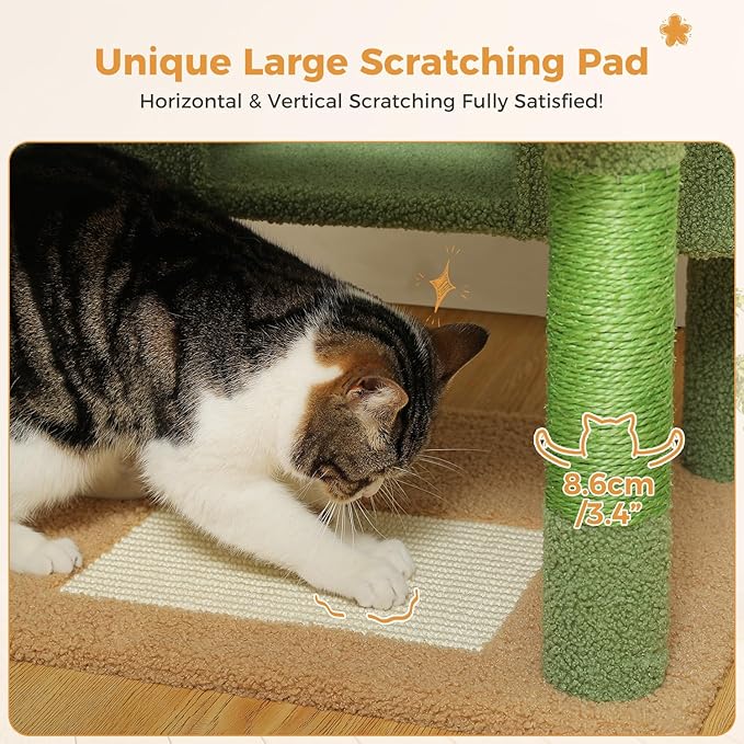 PAWZ Road Large 72 Inches Cat Tree and Tower for Indoor Cats - with Sisal-Covered Scratching Posts, Padded Perches, Condos, and Basket - Green