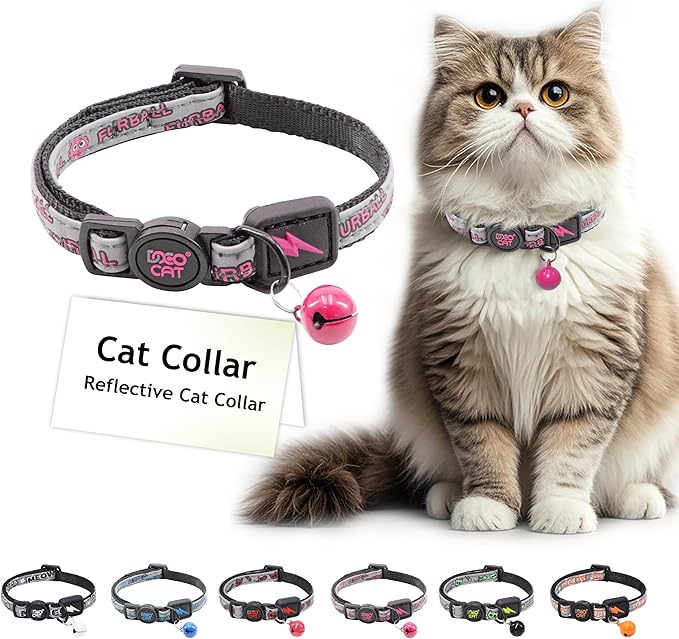 DOCO Cat Collar (Neck Girth - 3/8" x 7.5-12", Weight Upto - 13lb) Reflective Cat Collar with Bell, Breakaway Safety Buckle, Adjustable Nylon Strap for Kittens & Adult Cats (Pink)