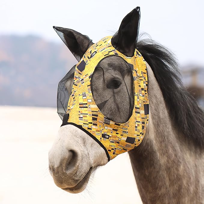Harrison Howard Super Comfort Stretchy Fly Mask Large Eye Space with UV Protection Soft on Skin with Breathability Golden Shape M