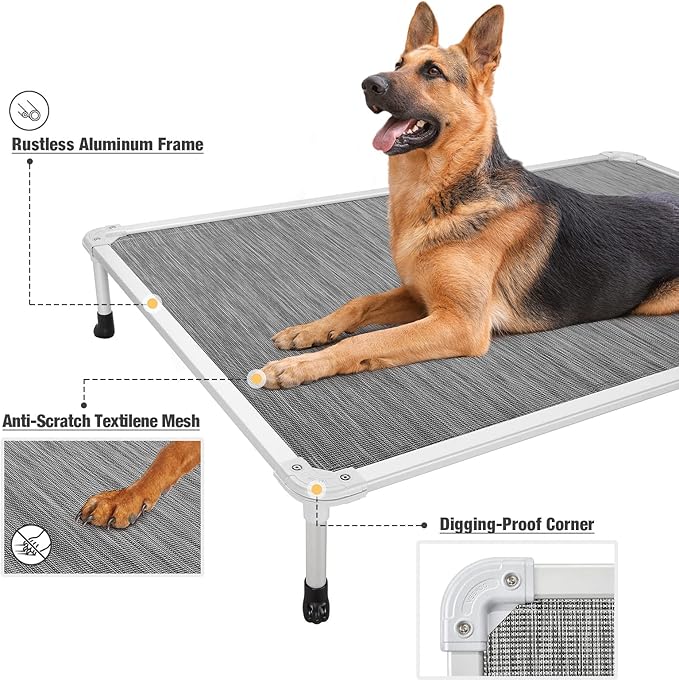 Veehoo Chew Proof Elevated Dog Bed - Cooling Raised Pet Cot - Silver Aluminum Frame and Durable Textilene Mesh Fabric, Unique Designed No-Slip Feet for Indoor or Outdoor Use, Black Silver, XX Large