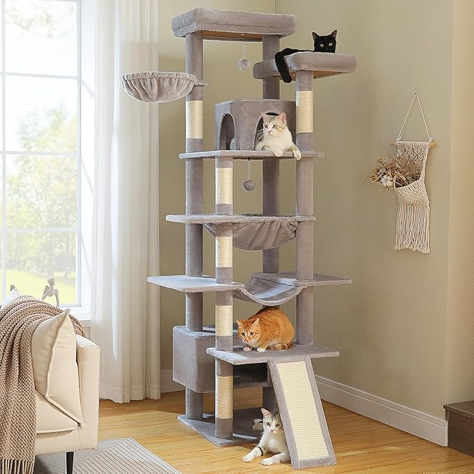 81 Inches Tall Cat Tree for Indoor Cats Large Adult - Heavy Duty Multi-Level Cat Tower with Large Metal Frame Hammock, Scratching Pad, 2 Top Perches, 2 Cozy Condos & 6 Scratching Posts - Gray