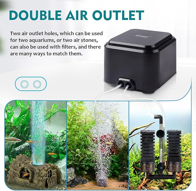 hygger Quietest Aquarium Air Pump, Adjustable Oxygen Pump 2 Air Outlets Ultra Silent Powerful Aerator Pump (3.5W,Up to 120Gallon)