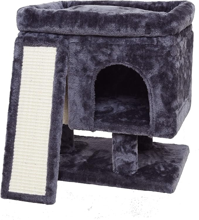SYANDLVY Small Cat Tree for Indoor Cats Large Adult, Activity Tower with Scratching Post, Modern House with Padded Perch, Kittens Condo with Board, Cat Cave (Smoky Grey)