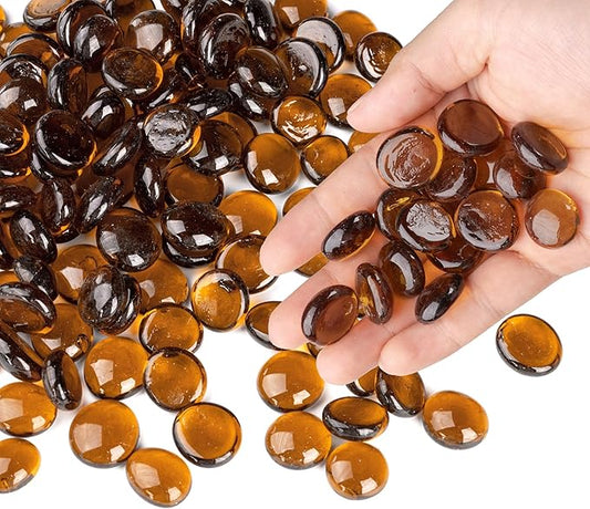 1LB Glass Marbles, Transparent and Smooth Flat Glass Beads for Vases, Mosaic Gem Pebbles for Aquarium Decor, Floral Arrangements, Mancala Stones, Vase Filler and Crafts, Brown