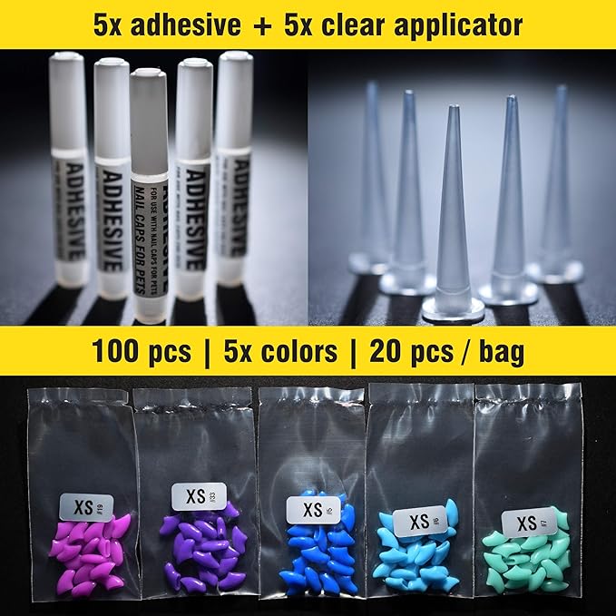 zetpo 100 pcs Cat Nail Caps | Cat Claw Covers | with Adhesives and Applicators (XS, Purple, Violet, Blue, Sky Blue, Turquoise)