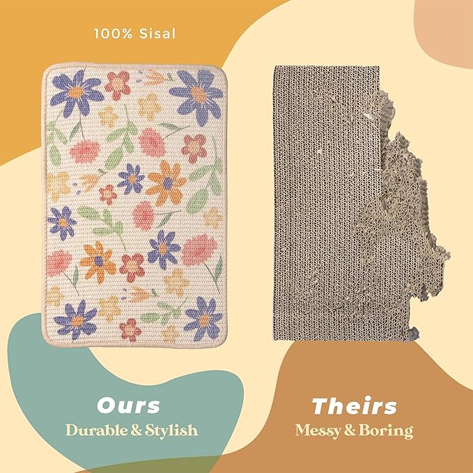 SCRATCHABLE Sisal Cat Scratcher, [+ Catnip Fish Toy], Wall Scratcher, Couch Protector, Scratching Mat- 24 X 15.8 With 12 Adhesive Velcro Stripes (Floral)