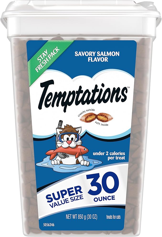 Temptations Classic Crunchy and Soft Cat Treats, Savory Salmon Flavor, 30 oz. Tub