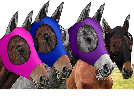 Frienda 4 Pcs Horse Fly Masks with Ears Head Fly Masks for Horses Smooth Elastic UV Protection Cover from Summer Insect Pests(Medium,Purple, Blue, Pink, Black)