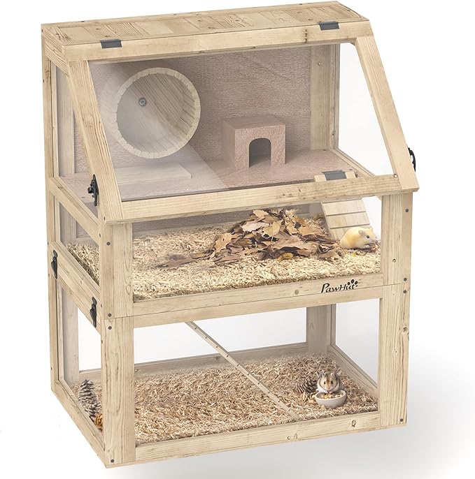 PawHut Wooden Hamster Cage, 3 Tier Small Animal Cage with Detachable 12.6" Deep Bottom, Hut, Seesaw, Exercise Wheel, Ramps, Hamster Habitat for Dwarf, Gerbil, 24" x 16" x 29.5"