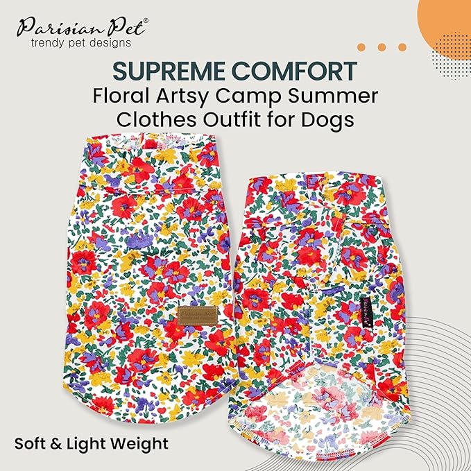 Parisian Pet Floral Dog Shirt - 100% Cotton Summer Clothes - Stylish Beach Outfit - Hook and Loop Closure - Machine Washable - XS