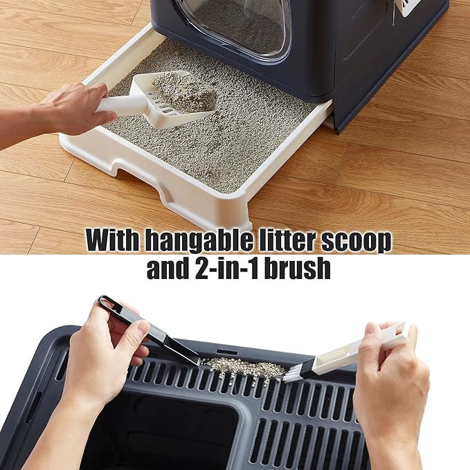 Gefryco Litter Box with Lid for Small to Medium Cats, Enclosed Cat Litter Box with Cover，High Sided Top Entry Cat Box with Brush and Scoop, Cute Kitty Litter Pan with Drawer for Growing Kitten(Black)