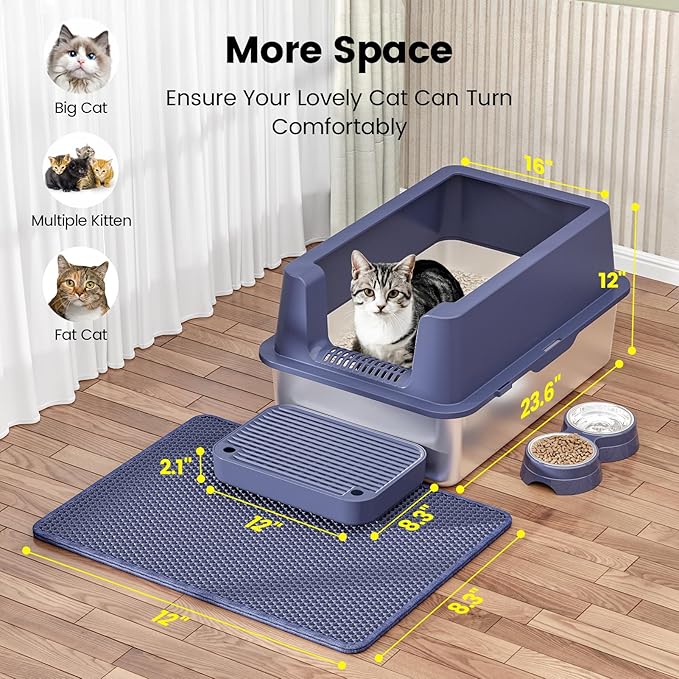 Stainless Steel Cat Litter Box - Enclosed XL Metal Kitty Litter Box with Lid for Big Cats, High Sided, Anti-Leakage, Easy Cleaning, Non-Sticky, Included Litter Mat, Cat Bowl & Spoon