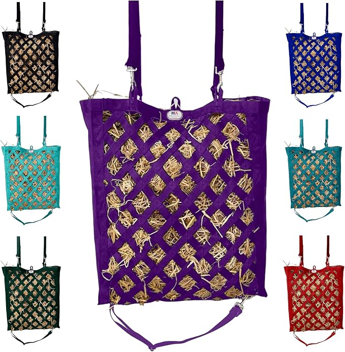 Majestic Ally Premium Nylon Hay Bag for Horses and Livestock, Simulates Grazing, Slow Feeding, Heavy-Duty PP Webbing,Quick-Adjust Straps, Small Hole for Digestion, Multiple Colors (Purple)