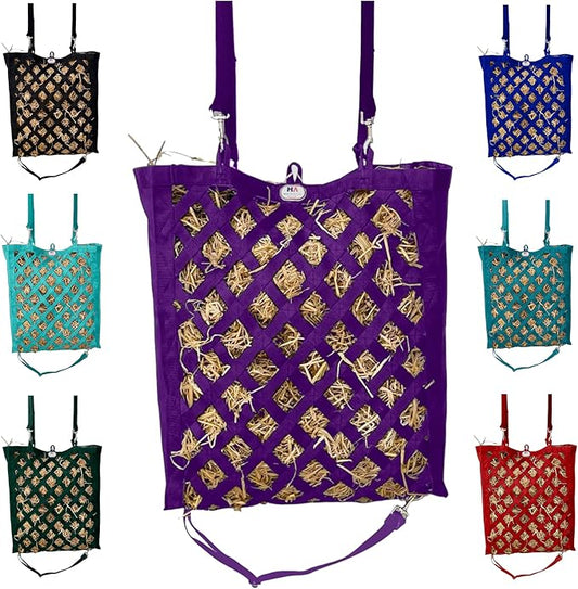 Majestic Ally Premium Nylon Hay Bag for Horses and Livestock, Simulates Grazing, Slow Feeding, Heavy-Duty PP Webbing,Quick-Adjust Straps, Small Hole for Digestion, Multiple Colors (Purple)