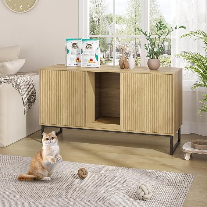 Litter Box Enclosure for 2 Cats, Fluted Hidden Cat Litter Box Furniture with Scratch Pad and Metal Legs, Modern Double Room Kitty House for Living Room, Washroom, 47.2”L x 17.7”W x 25.9”H, Natural