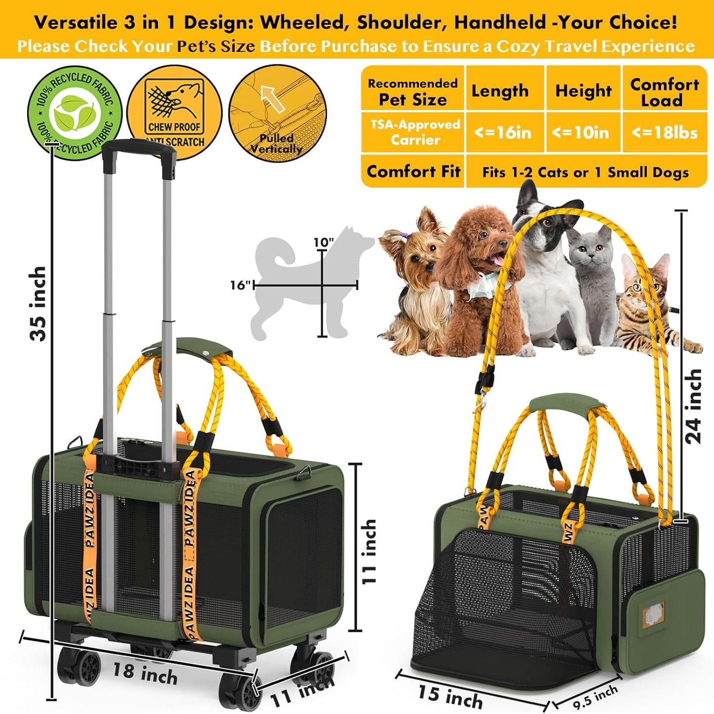 PAWZIDEA Expandable Pet Carrier with Wheels, 18"X11"X11" TSA Airline Approved Cat Carrier for 2 Cats Under Seat, Foldable Soft-Sided Dog Carrier for Small Dogs Rolling Travel Bag, Max Weight 18 lbs