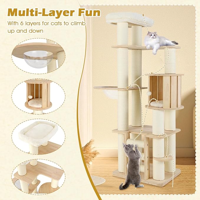 Tangkula 71” Tall Cat Tree, Multi-Layer Wood Cat Tower with Scratching Posts, Perch, Condo, Space Capsule, Ladder, Dangling Ball, Washable Cushions, Modern Cat Tree Tower for Indoor Cats Large Adult