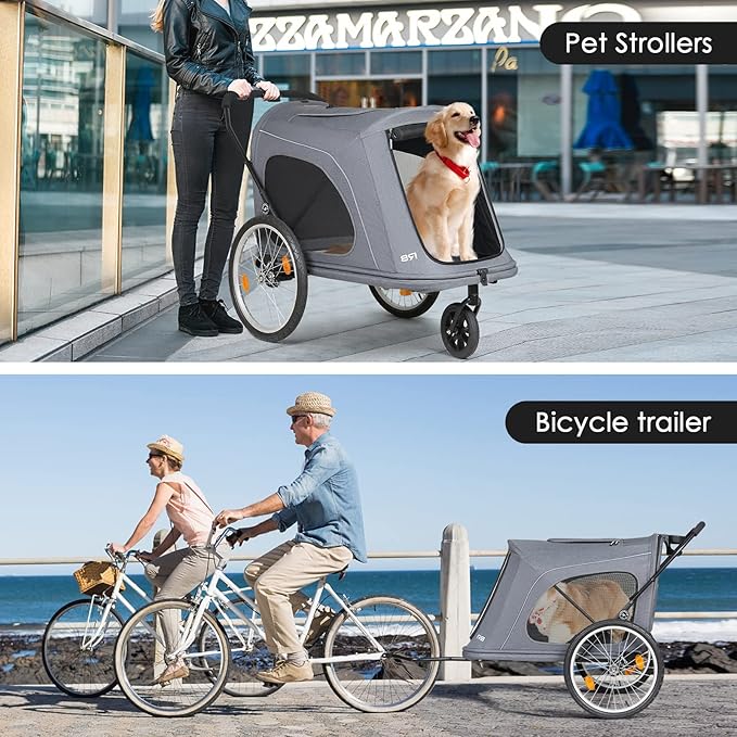 R8 Extra Large Foldable Pet Stroller, Dog Stroller & Pet Trailer for Large Dogs Under 100 lbs, Unmovable, Disabled & Pregnant Dogs - Conveniently Carriable by Bike and Car, Grey
