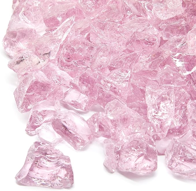 TWINKLING High Luster Fire Glass Gravel Stone,Broken Glass,Fire Pit Glass,Crushed Glass for Fireplace Pit Aquarium Garden Decoration,1-3cm,2-Pound Jar (Pink)