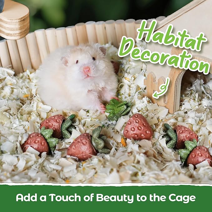 TEEWY 4PCS Hamster Chew Toys, Guinea Pig Chew Toys for Teeth with Natural Vegetables and Timothy Grass, Chinchilla Toys,Dental Care for Rats/Guinea Pigs/Hamsters and Gerbil, Strawberry-Shape