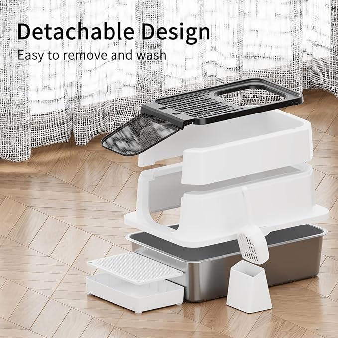 RIZZARI Stainless Steel Cat Litter Box, Odorless Enclosed Litter Box with Top Holes, Large Litter Pan for Small to Large Sized Cats (Black, 23.8" L*15.9" W*16.1" H)