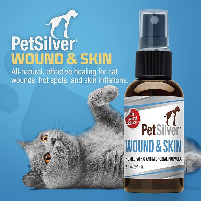 PetSilver Wound & Skin Spray for Cats - Chelated Silver, Superior to Colloidal Silver - Wound Care, Allergy & Itch Relief, Hot Spot Treatment for Cats - Natural Skin Soother - Made in USA - 2 fl oz
