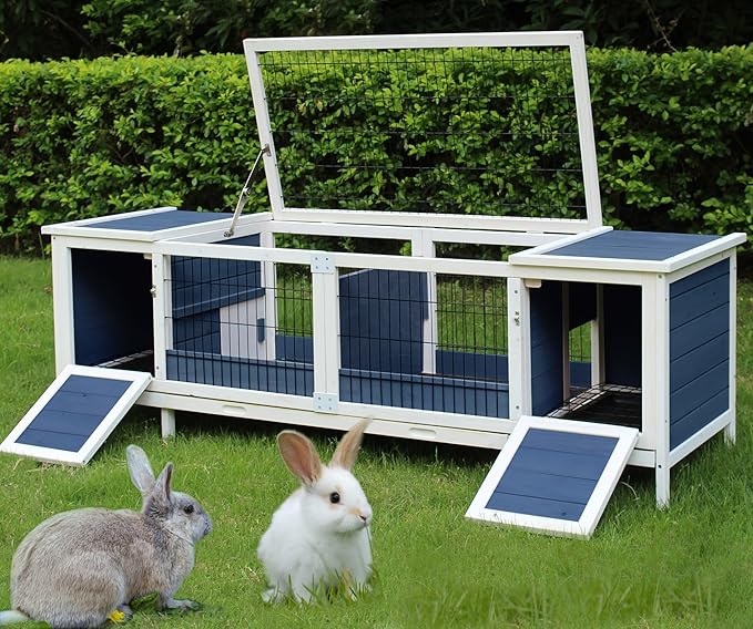Rabbit Hutch Indoor Leakproof Bunny Cage Fir WoodenOutdoor Bunny House with Wire Floor Leakproof Plastic Tray (Blue)