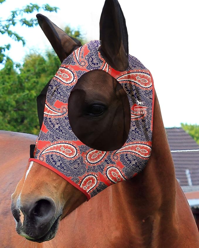 Harrison Howard Super Comfort Stretchy Fly Mask Large Eye Space with UV Protection Soft on Skin with Breathability Orange Paisley Full Size