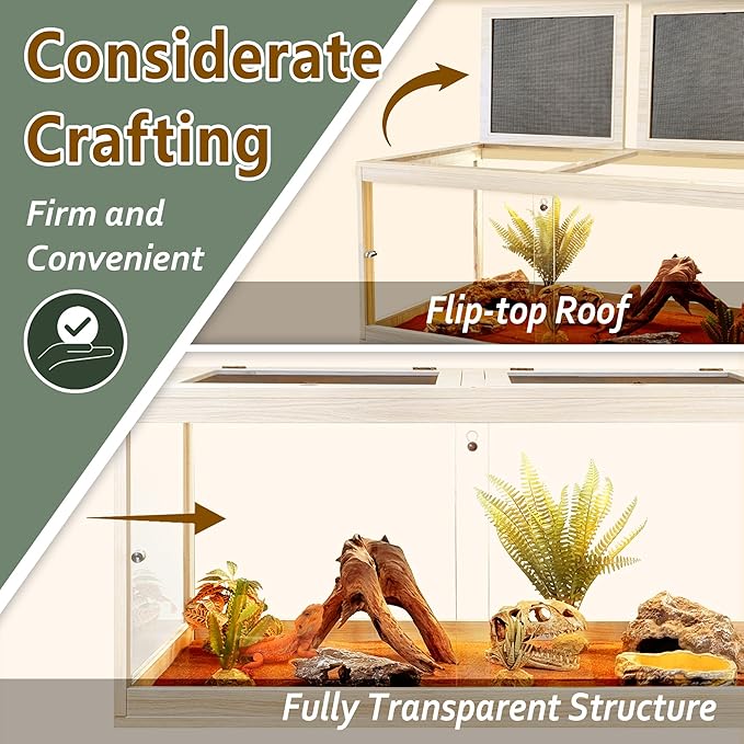 Tempered Glass Bearded Dragon Tank,63 Gallon Reptile Tank with Meatl Mesh Roof and Front Sliding Door, Anti-Scratch Lizard Tank,Spacious Reptile Enclosure for Snakes,Lguanas, Chameleons (Oak)