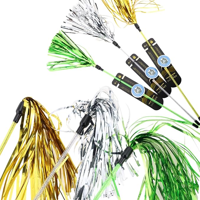 ADUCK Interactive Cat Teaser Wand Toy with Tassels - Durable Cat Chaser for Indoor Kitten Exercise, Boredom Relief & Training Play, Pack of 3 (Gold, Silver, Green)