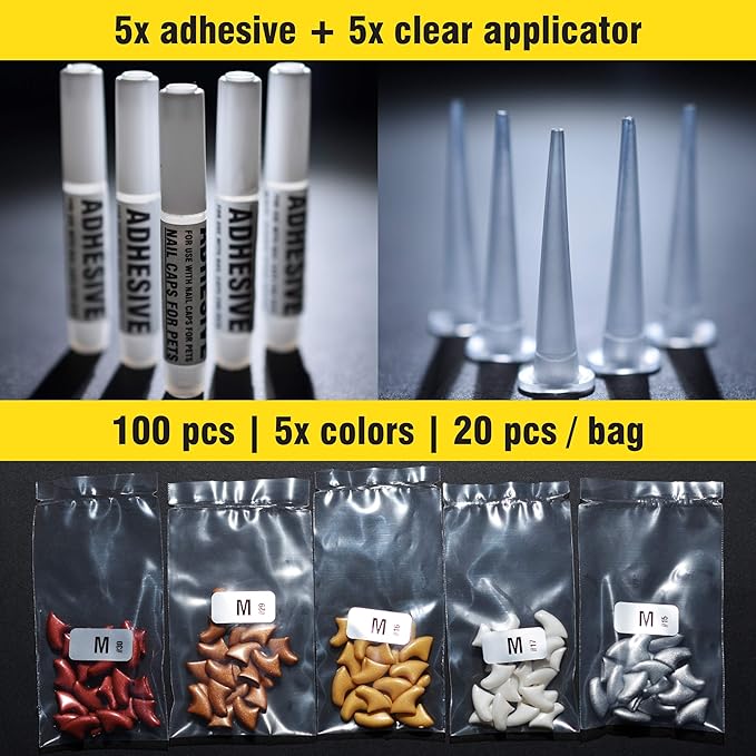zetpo 100 pcs Cat Nail Caps | Cat Claw Covers | with Adhesives and Applicators (M, Metal Red, Bronze, Gold, Silver, Pearl White)