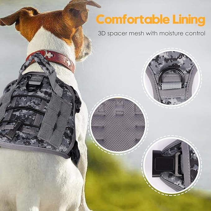 Heavy-Duty Tactical Dog Harness for Large Dogs, No Pull Adjustable Reflective Pet Vest with Molle System, K9 Military-Grade Control for Service Training, Outdoor & 10+ Breeds, Gray Camo, Small