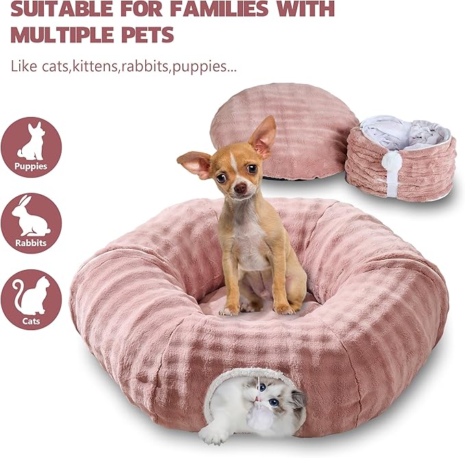 Bubble Cat Tunnel for Indoor Cats, Round Peekaboo Cave Toy with Dangling Balls, Donut Tunnel Bed with Circle Mat for Puppy Kitten Rabbit, Dusty Pink