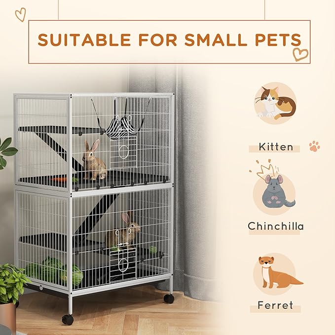 PawHut Metal Small Animal Cage, 5-Tiers Rolling Big Ferret Cage with Hammock, Removable Tray, for Chinchilla, Sugar Glider, White