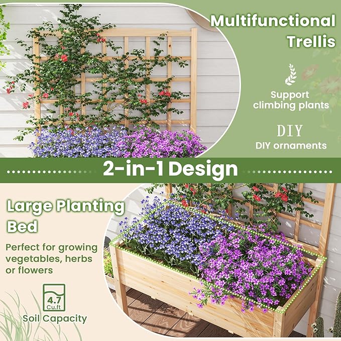 Giantex Raised Garden Bed with Trellis, Wooden Elevated Planter Box with Legs, Drainage Holes for Climbing Plants Vines Vegetables Flowers Herbs, Outdoor Horticulture Planter for Patio Yard (Natural)