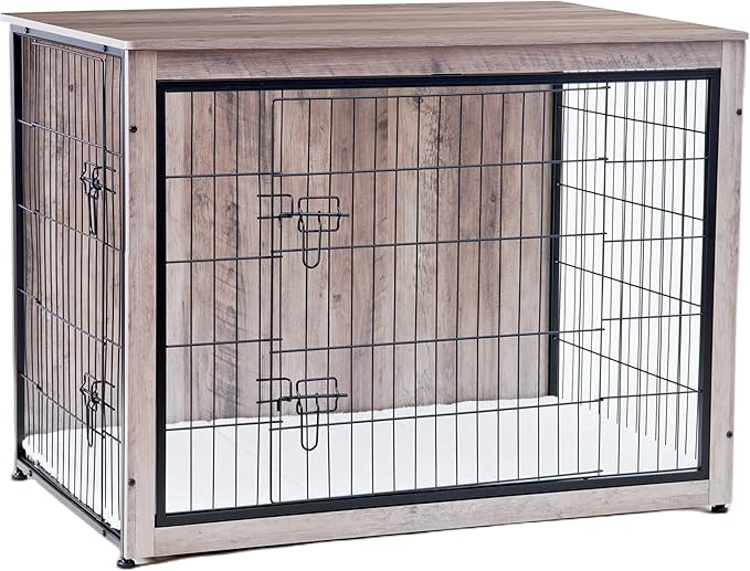 DWANTON Dog Crate Furniture with Cushion, Wooden Kennel Table with Double Doors, Indoor Dog House, Extra Large Size, 43.3" L, Greige