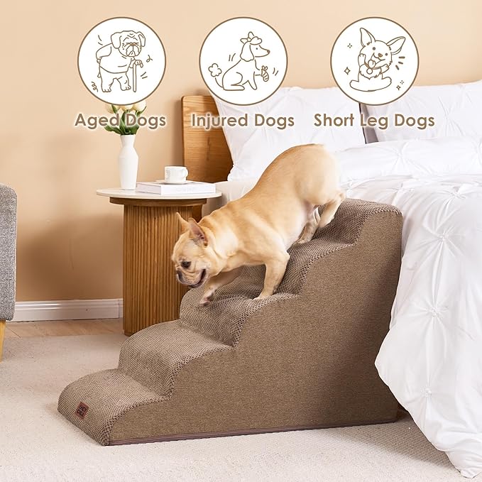 EHEYCIGA Curved Dog Stairs Ramp for High Beds 22.6" H, 5-Step Dog Steps for Small Dogs and Cats, Pet Stairs for High Bed Climbing, Non-Slip Balanced Pet Step Indoor, Camel