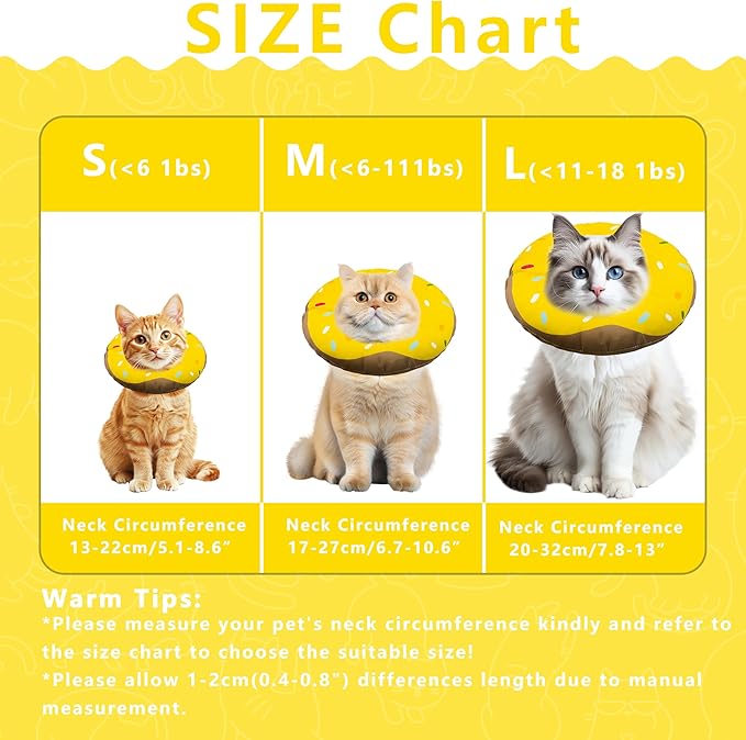 Cat Cone Collar Soft, Adjustable Cat Recovery Collar Kitten Cones to Stop Licking, Cute Donut Collar After Surgery, Cats Neck Pillow Cone Elizabethan Cones of Shame (Waterproof Yellow, Medium)