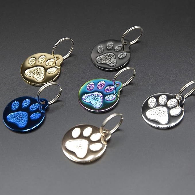 Engraved Pet Tag for Dogs and Cats - Personalized Front & Back up to 4 Lines of Text Custom Engraved ID, Round Paw Print Solid Plating Stainless Steel Gold Small