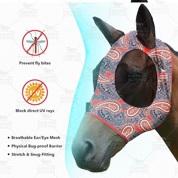 Harrison Howard Super Comfort Stretchy Fly Mask Large Eye Space with UV Protection Soft on Skin with Breathability Orange Paisley Full Size