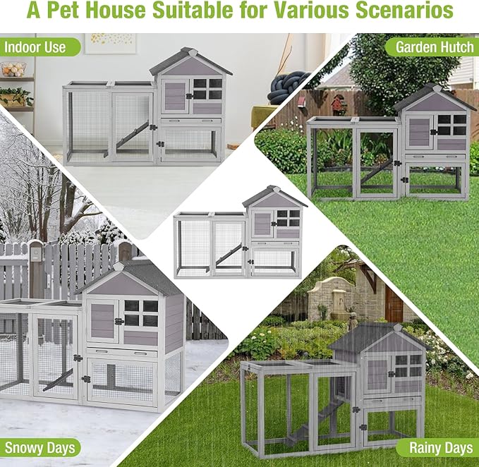GUTINNEEN Rabbit Hutch Indoor Chicken Coop Outdoor, 51.6''L 2 Story Bunny Cage Weatherproof, Guinea Pig House with Run (Grey)